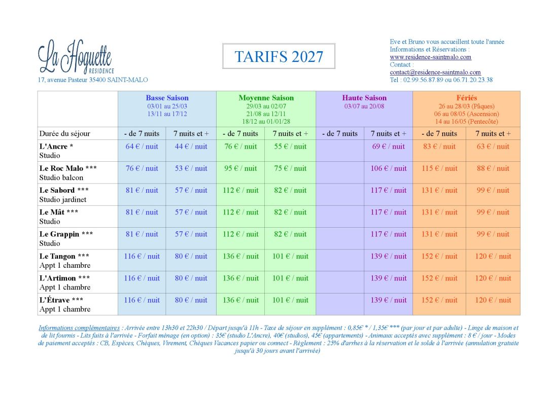 Tarifs 2027